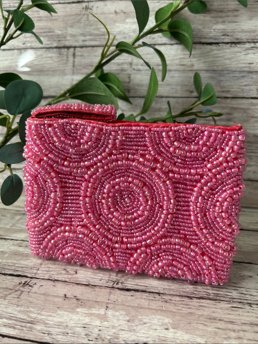 Pink Beaded Women’s Clutch Wallet Pouch Gift  Card or Key Holder NWOT